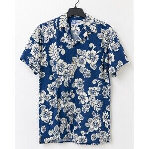 RJC Hawaiian Aloha Camp Shirt Men's XL Navy Blue White Floral Cotton Button Up